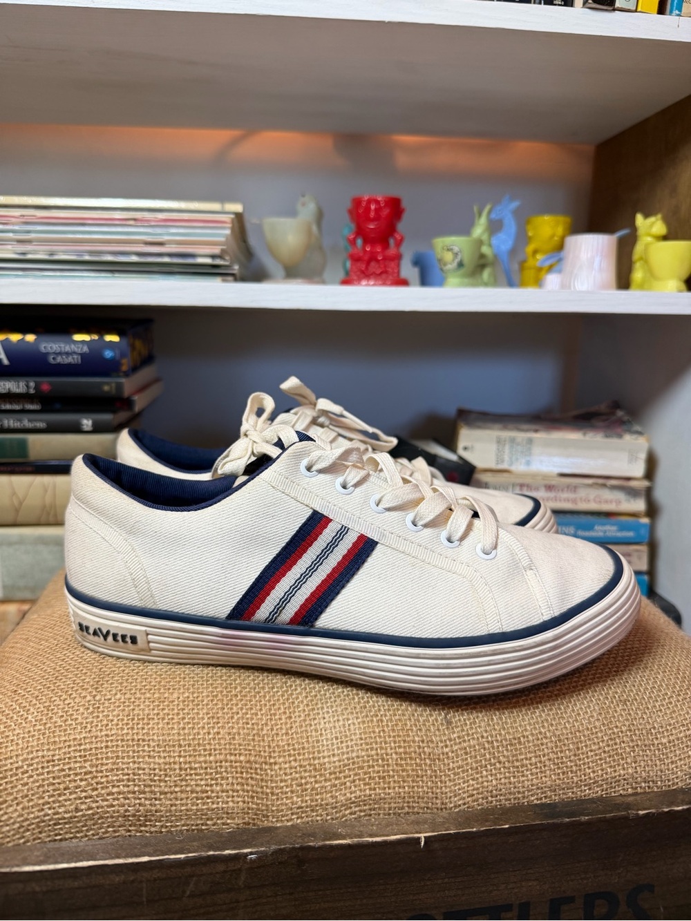Canvas Low-Top Sneakers in Off-White with Navy & Red Stripe
